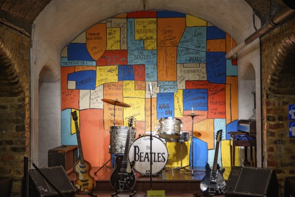 The exhibition of instruments at The Beatles Story, a museum in Liverpool, United Kingdom, Europe
