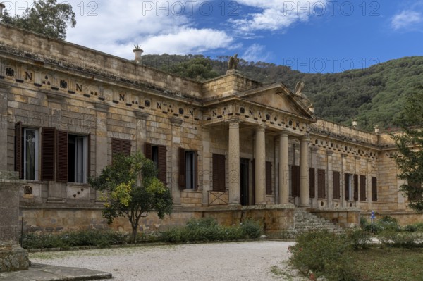 Portoferraio, Italy, 14 November, 2023: exterior view of the entrance hall and foyer of Villa San Martino on Elba Island, Europe