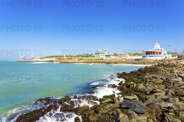 Landscape view of Kamarajar and Gandhi Memorial Mandapam on the coastline of Kanyakumari on a sunny day in Tamil Nadu, India. Horizontal