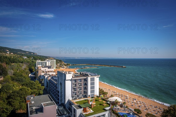 View of a hotel on the beach overlooking the Black Sea under a blue sky, Golden Sands, Varna, Bulgaria, Europe