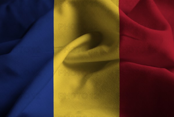 Closeup of Ruffled R omaniaFlag, Romania Flag Blowing in Wind