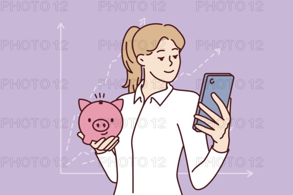 Woman accountant with piggy bank and phone is standing near financial chart calling to start investing. Girl accountant conducts audit of savings and monitors amount of dividends through smartphone