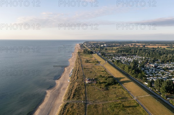 Dahme, Germany, July 31, 2021: Aerial drone view of Dahme Beach in Schleswig-Holstein, Europe