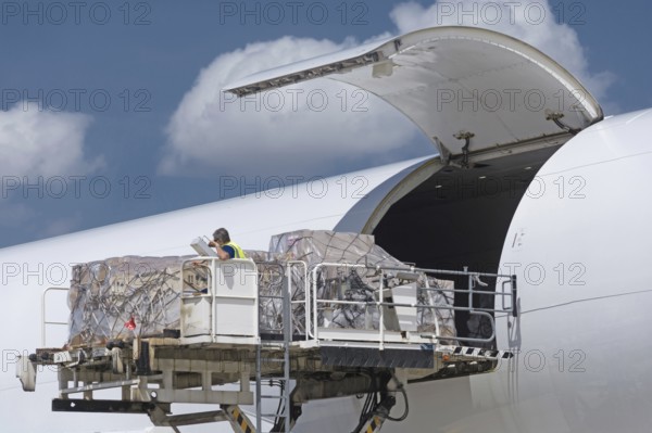 Close-up of aircraft being loaded with air freight