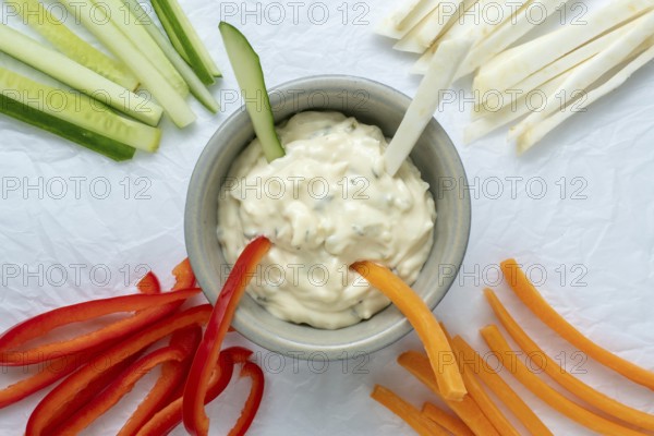 Healthy vegetables and dip snack. Vegetable sticks and dips in bowl