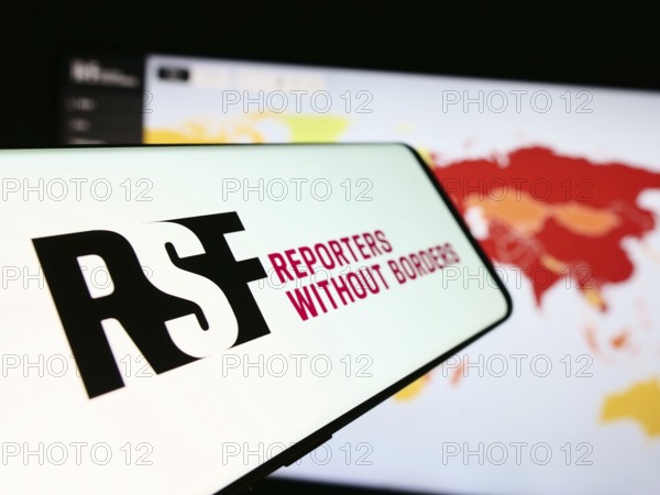 Stuttgart, Germany, 05-23-2024: Mobile phone with logo of international organisation Reporters Without Borders in front of website. Focus on center-left of phone display, Europe