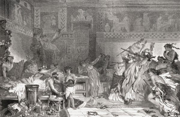 A banquet with entertainmant in ancient Rome