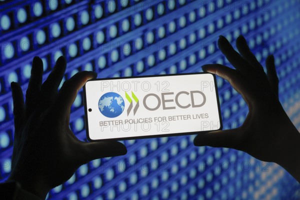 In this photo illustration, the Organisation for Economic Co-operation and Development (OECD) logo is displayed on a smartphone screen