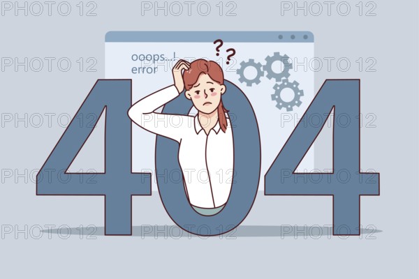 Confused woman experience 404 error on computer. Frustrated unhappy female employee have mistake message on gadget. Page not found. illustration