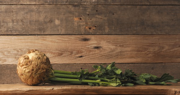 Organic celeriac on a rustic wooden table, healthy food, space for your text, organic ingredients, vegetarian or vegan food