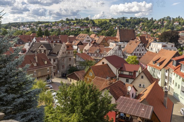 View of the red roofs of Schmalkalden, Thuringia from above with green trees in the foreground
