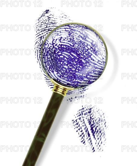 MAGNIFYING GLASS WITH FINGERPRINT, IMAGE SYMBOLIZING DETECTIVE