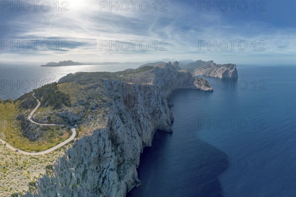 Aerial panorama landscape view of the curving road and rugged Cap de Formentor in northwestern Mallorca