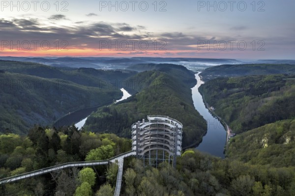 Aerial view of the Saarschleife in Mettlach with the treetop walk in spring, Germany, Europe