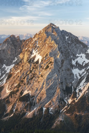 Mountain Köllenspitze (Kellenspitze) in Tyrol Austria, in the Tannheimer Valley at sunrise