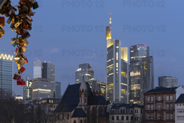 View of the skyline through the streets of a financial district. in the morning at sunrise with a fantastic view between the skyscrapers. Great city photo in Frankfurt am Main in Germany