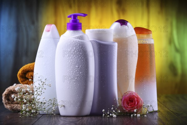 Plastic bottles of body care and beauty products