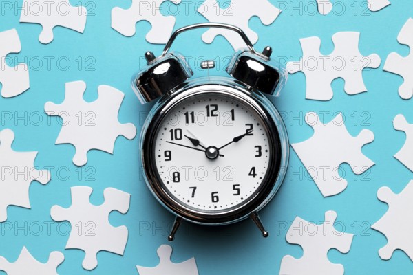 Retro alarm clock jigsaw puzzle pieces blue backdrop