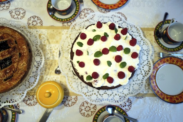 A raspberry cream cake beside a Linzer torte on a table before coffee and cake. Coburg, Germany, Europe