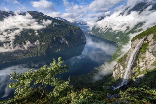 Gjerdefossen waterfall, at Ørnesvingen viewpoint, atmospheric clouds over the fjord in the morning light, at Geirangerfjord, near Geiranger, Møre og Romsdal, Norway, Europe