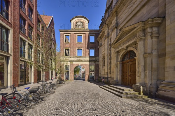 Former Dominican Church, Old Town, church, Baroque architectural style, convent building, ruin, pavement of cobblestones, bicycles, trees, blue cloudless sky, Julius-Voos-Gasse, Münster, Münsterland, independent city, North Rhine-Westphalia, Germany, Europe
