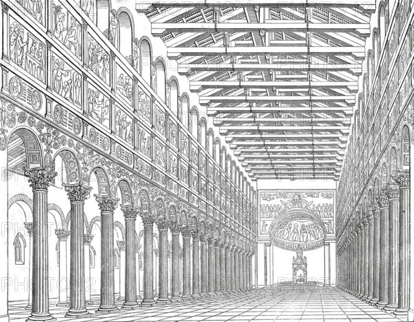 Interior, St Paul Outside the Walls, one of the papal basilicas in Rome, Italy, Historical, digitally enhanced reproduction of a model from around 1860, Europe