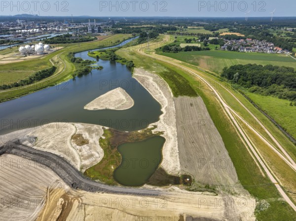Haltern-Marl, North Rhine-Westphalia, Germany - Lippe, flood protection in the Haltern-Lippramsdorf-Marl area (HaLiMa) . Flood protection on the River Lippe by relocating the dyke and thus extending the floodplain. Marl Chemical Park at the back