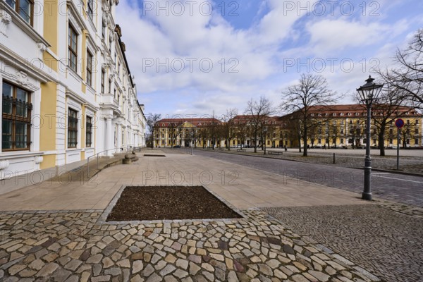 State parliament, historical buildings, baroque architectural style, bare wintry trees, diffuse light, blue sky, cumulus clouds, cathedral square, Magdeburg, state capital, independent city, Saxony-Anhalt, Germany, Europe