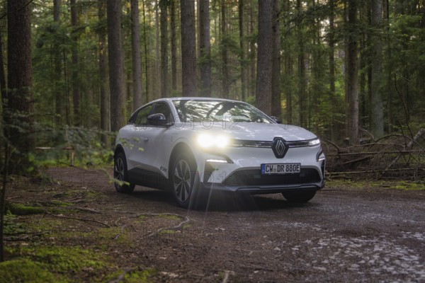 A white car in the forest in low light with headlights on, surrounded by trees, Renault Megane, Deer E Carsharing, electric car, Calw, Black Forest, Germany, Europe
