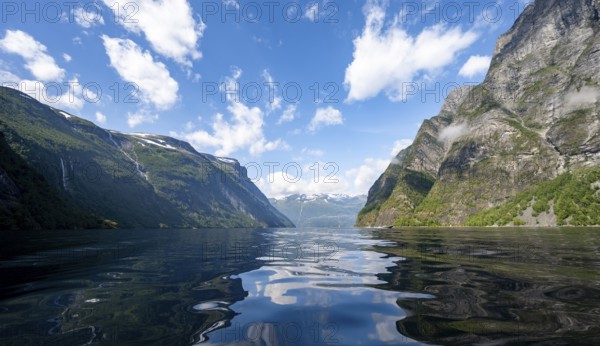 Atmospheric fjord landscape, Geirangerfjord with reflection, Møre og Romsdal, Norway, Europe