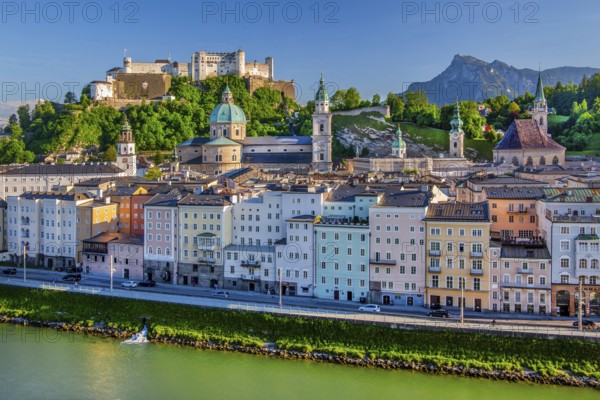 Panoramic view from the Kapuzinerberg over the Salzach to the old town with the Hohensalzburg Fortress to the Untersberg 1973m, Salzburg, Salzachtal, Salzburg County, Austria, Europe