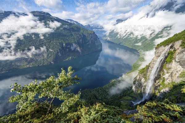 Gjerdefossen waterfall, at Ørnesvingen viewpoint, atmospheric clouds over the fjord in the morning light, at Geirangerfjord, near Geiranger, Møre og Romsdal, Norway, Europe