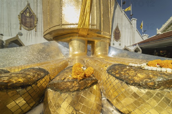 Feet of a 32 metre high standing Buddha decorated with glass mosaics and 24-carat gold, Luang Pho To or Phrasiariyametri, Wat Intharawihan, Bangkok, Thailand, Asia
