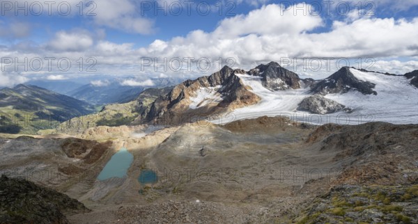 High mountain landscape, view of blue glacial lakes, mountain peaks Königshofspitz and Hofmannspitze with glacier of the Übeltalferner, Stubai Alps, South Tyrol, Italy, Europe