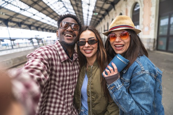 Three cheerful young tourists taking a selfie at the train station, excited for their upcoming travel adventure