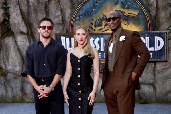 Jonathan Bailey, Scarlett Johansson and Mahershala Ali at the German premiere of Jurassic World at the Zoo Palast in Berlin on 18 June 2025