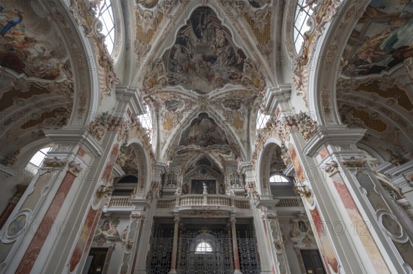 Organ loft of the collegiate basilica, Neustift St Margarethen, Vahrn, district of Bozen, South Tyrol, Italy, Europe