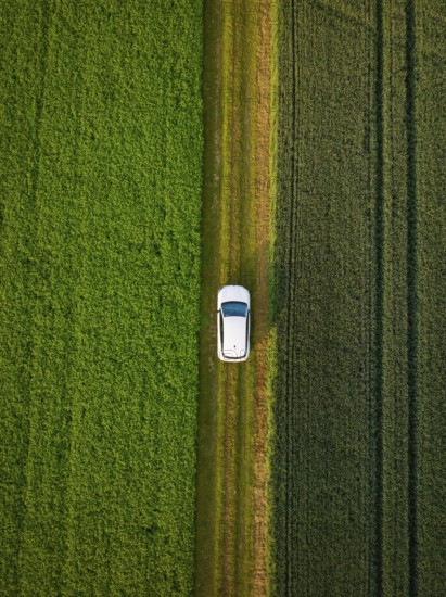 Aerial view of a vehicle on a narrow path between green fields, Deer E- CarSharing, Renault Megane electric car, Calw, Black Forest, Germany, Europe