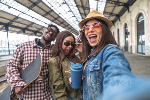 Group of young cheerful best friends having fun taking a selfie at the railway station before leaving for vacation