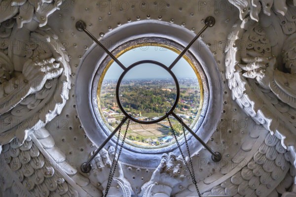 View from the inside of the head of the Guan Yin (Goddess of Mercy) statue at Wat Huay Pla Kang Temple in Chiang Rai province of Northern Thailand