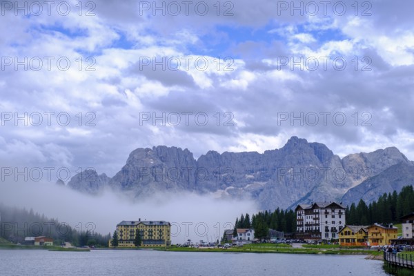 Lake Misurina, Lago di Misurina in the fog, behind Sorapis Group, Auronzo di Cadore, Dolomites, Veneto, Italy, Europe