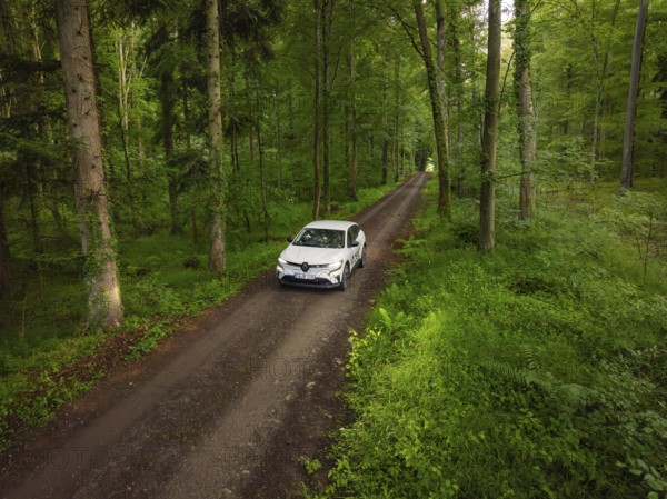Car driving on a narrow forest path, surrounded by forest landscape, Deer E- CarSharing, Renault Megane electric car, Calw, Black Forest, Germany, Europe