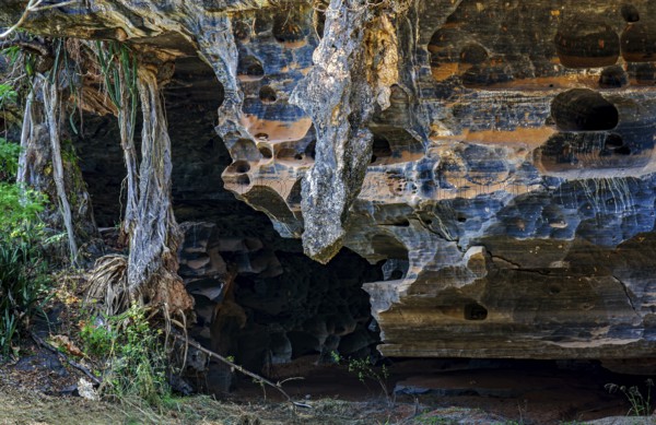 Entrance to a cave and rock formation typical of Lapinha da Serra in the state of Minas Gerais, Lapinha da Serra, Minas Gerais, Brazil, South America