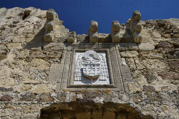 Coat of arms of the Grand Master del Carretto, close-up of a stone relief with coat of arms on an old wall in a ruin, Antimacheia, Medieval fortress, St John's fortress, Antimachia, Kos, Dodecanese, Greek Islands, Greece, Europe
