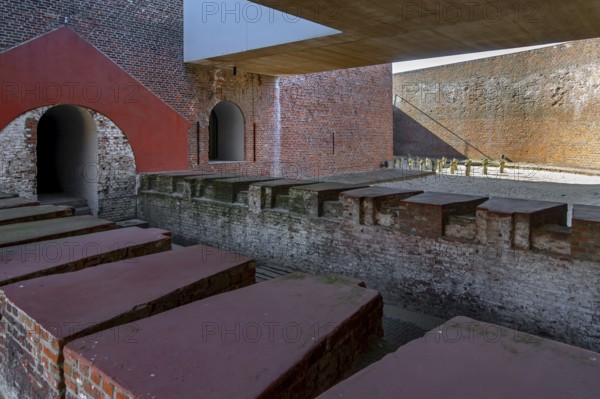 Cut section of caponier with rifle ports in ditch at Fort Napoleon, polygonal fort of the Napoleonic era at Ostend, Oostende, West Flanders, Belgium, Europe