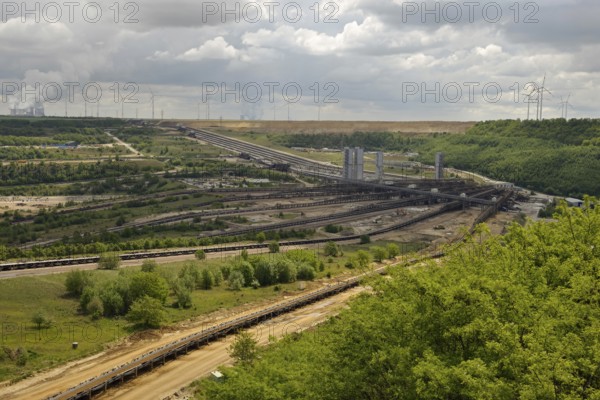 View from the Jackerath public viewing point of the conveyor systems from the mining area to the power station... Open-cast lignite mine, Rhenish mining area (Garzweiler, North Rhine-Westphalia), wind turbines symbolise the upcoming energy transition from fossil fuels to renewable energy, North Rhine-Westphalia, Germany, Western Europe, Europe