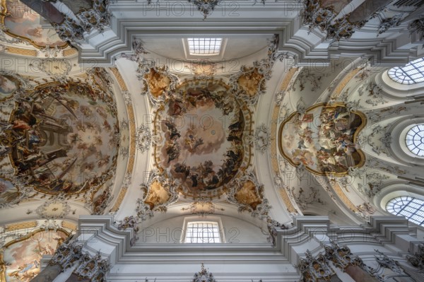Vaults with ceiling frescoes in the baroque Basilica of St Alexander and Theodor, Ottobeuren Monastery, Ottobeuren, Unterallgäu, Bavaria, Germany, Europe