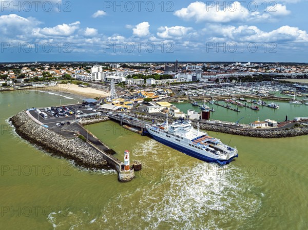 Royan ferry from a drone, Royan, Nouvelle-Aquitaine, Charente-Maritime, France, Europe
