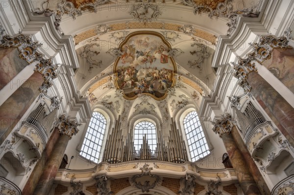 Organ loft and vault with ceiling frescoes in the baroque Basilica of St Alexander and Theodor, Ottobeuren Monastery, Ottobeuren, Unterallgäu, Bavaria, Germany, Europe