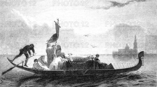 A funeral gondola from Venice travelling to the cemetery island of San Michele, 1860, Italy, Historical, digitally enhanced reproduction of a model from around 1860, Europe